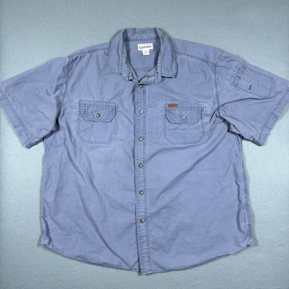 Carhartt Mens 2XL Blue Ripstop Short Sleeve Button Down Work Shirt Vintage